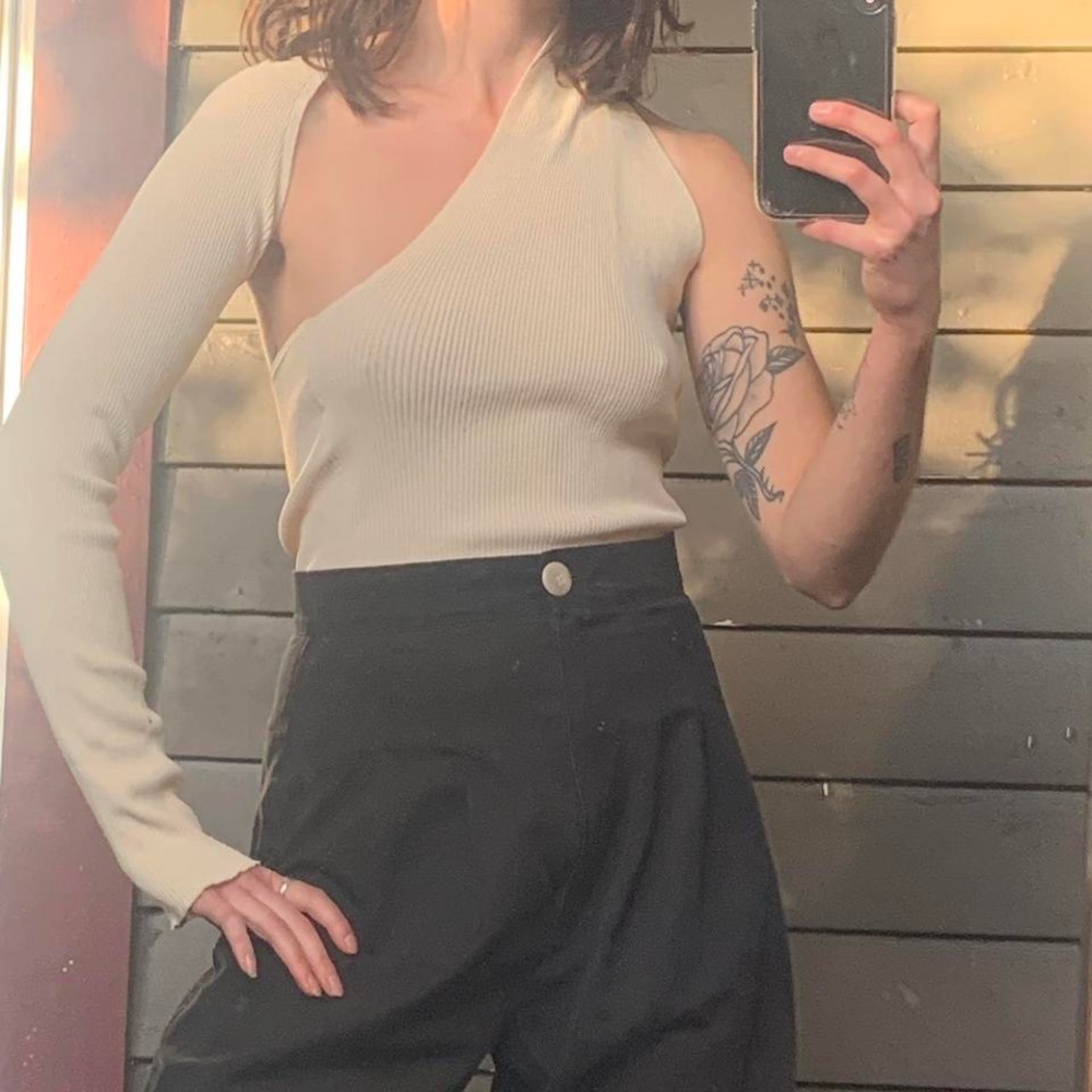 live the process cream one shoulder bodysuit